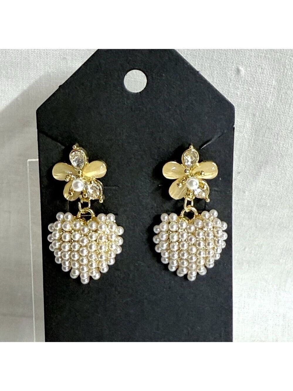 Gold Tone Flower & Pearl Heart Dangle Earrings S925 Sterling Silver Posts